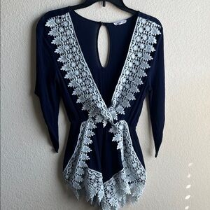 a'gaci Navy and White Lace Trim Swim Coverup